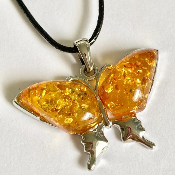 Vintage Yellow Amber Butterfly Necklace Pendant Silver Plated Simulated 18" - Picture 2 of 9